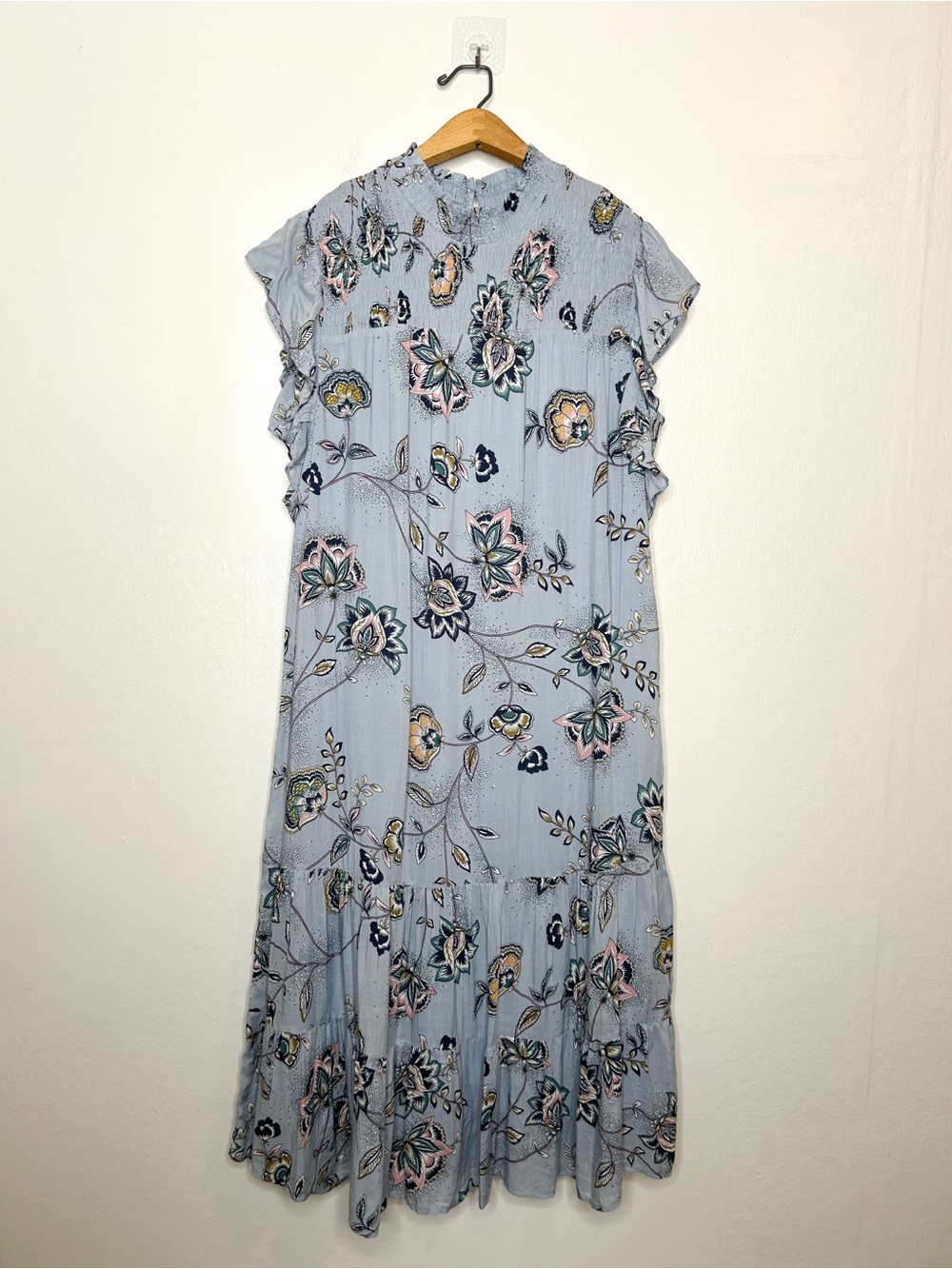 DR2 Daniel Rainn Floral Print Boho Mock Neck Flutter Sleeve Tiered Midi Dress L